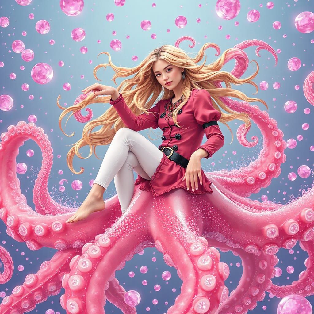 Woman on Pink Gummy Octopus in Surreal Soda Ocean