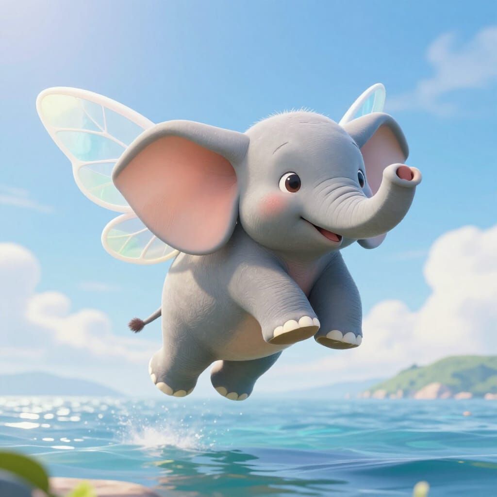 Adorable Elephant with Fairy Wings Flies Over Sunny Sea in P...