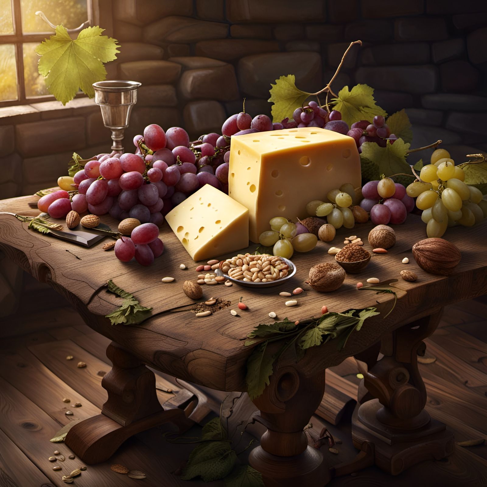 Medieval Cornucopia: Grapes, Cheese, and Nuts