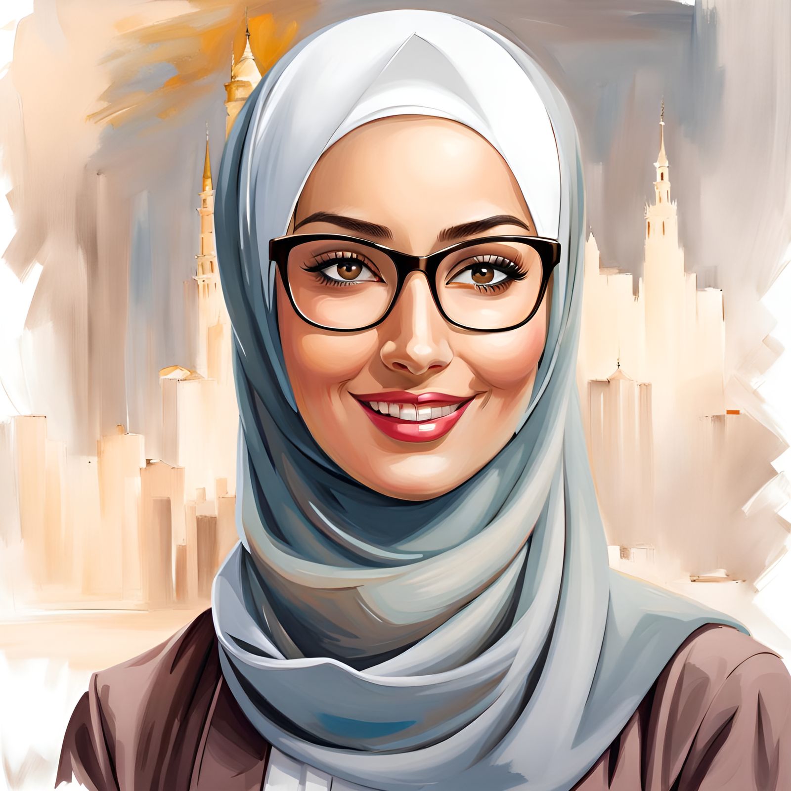 Elegant Smiling Hijabi Woman in Realistic Oil Painting