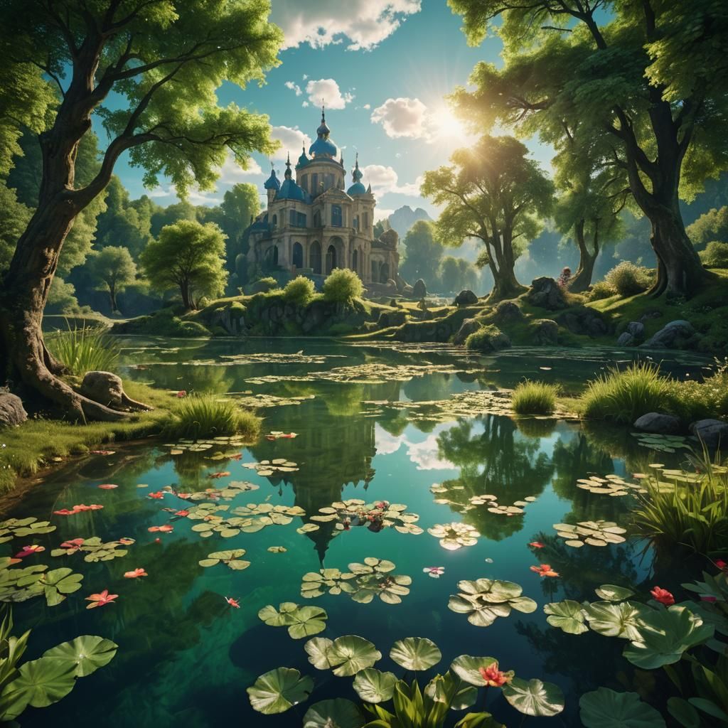 Lush Pond Reflection in Baroque Digital Art Style