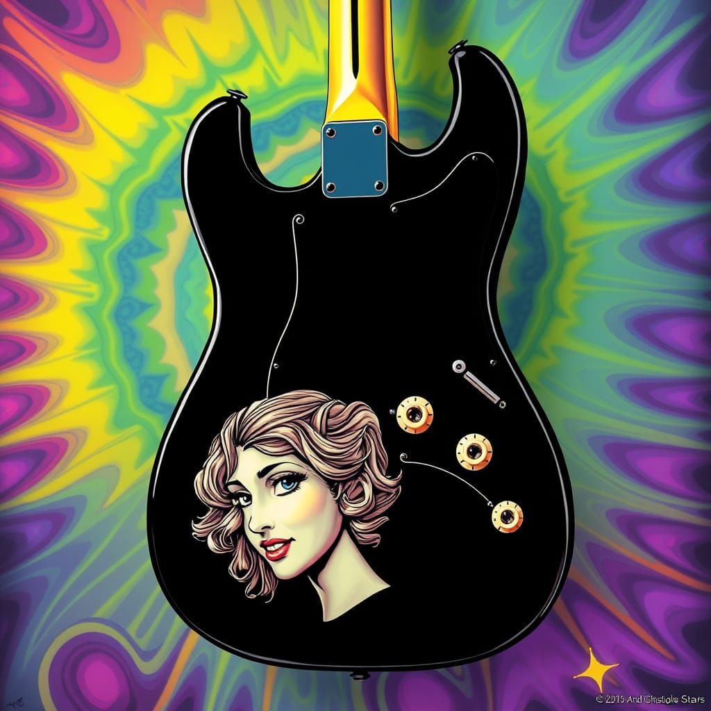 Black Fender Stratocaster Guitar with Woman's Face Relief