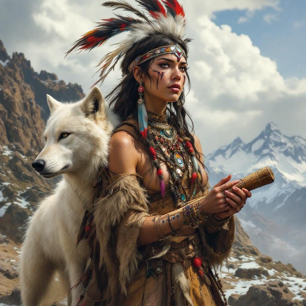 Native American Woman with White Wolf in Rugged Landscape