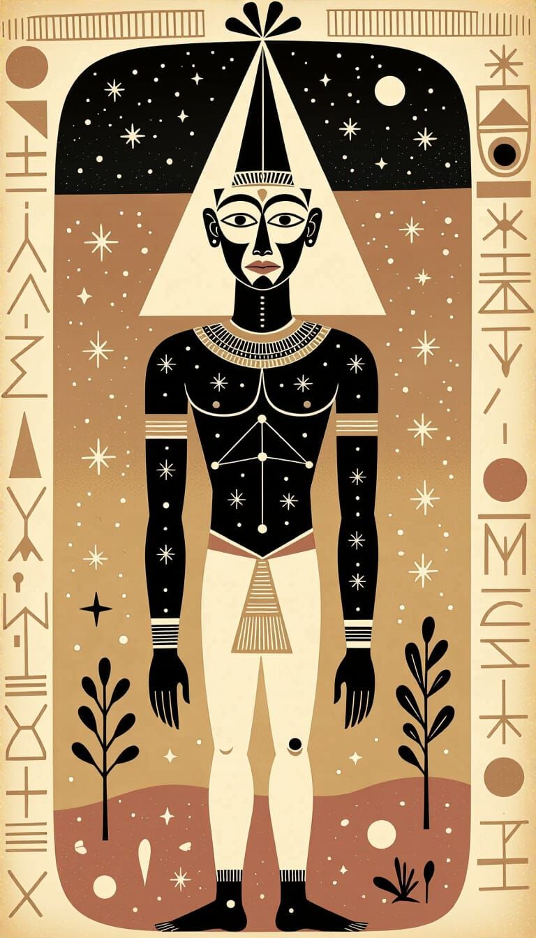 Ancient Cave Painting of Celestial Figure with Starry Mask