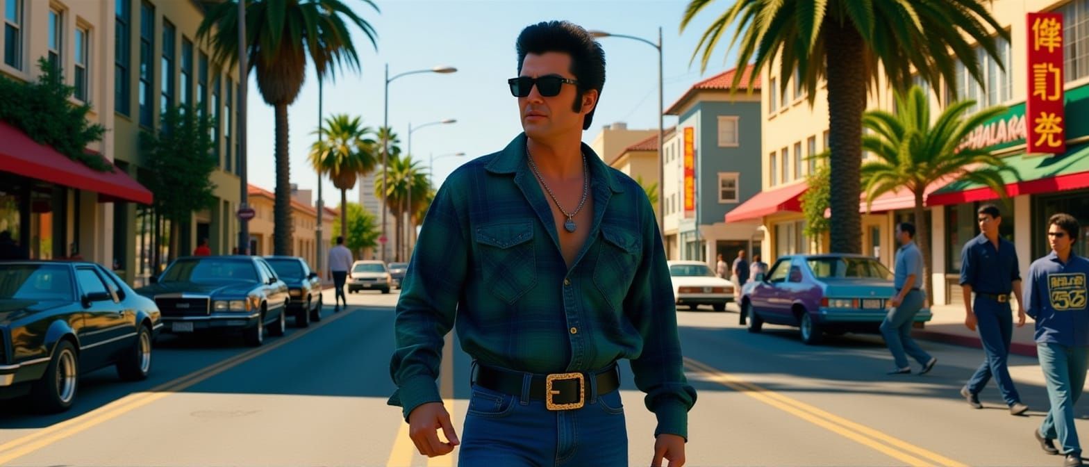 Elvis Doppelganger in 90s Action Film Aesthetic