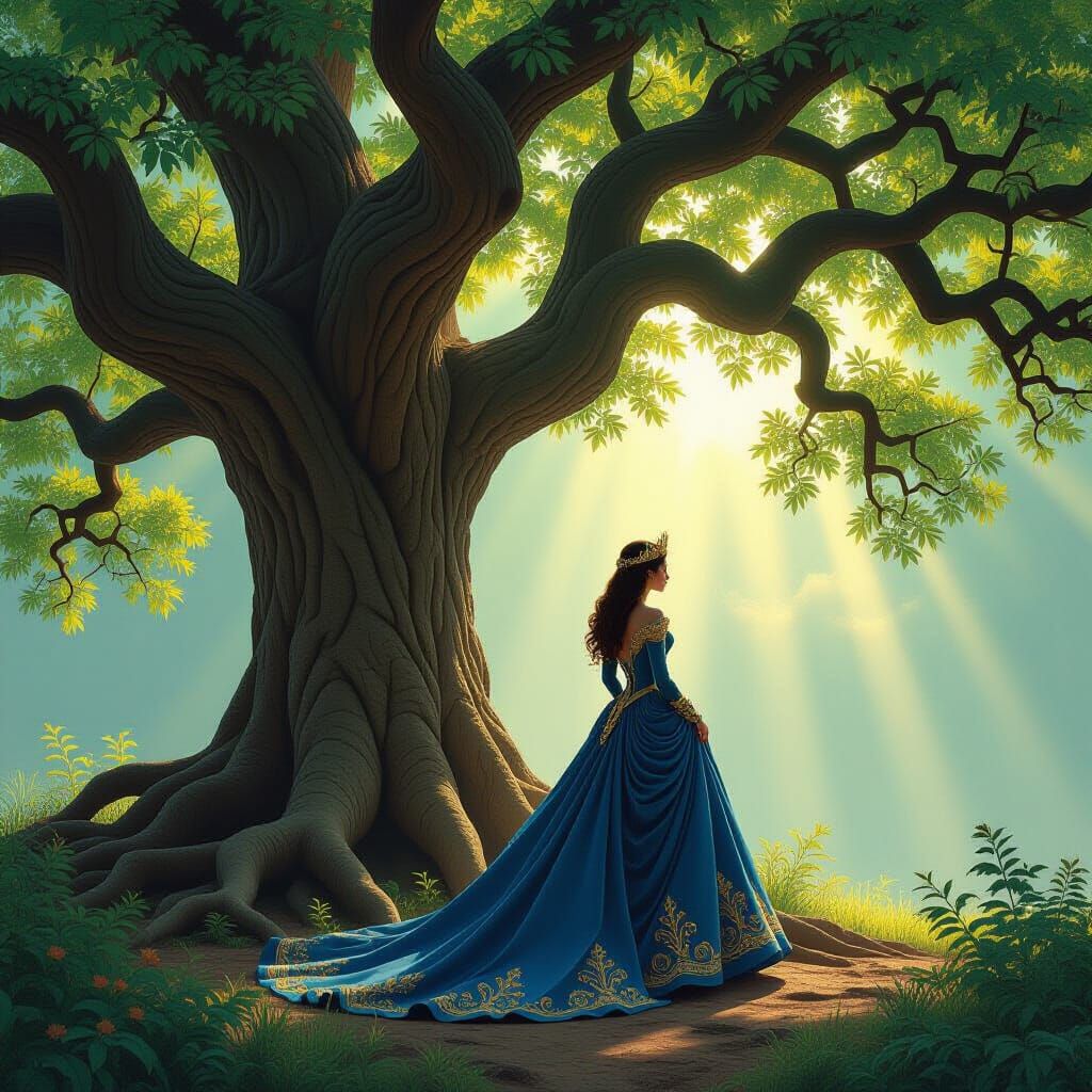 Majestic Queen by Ancient Oak Tree in Ethereal Light