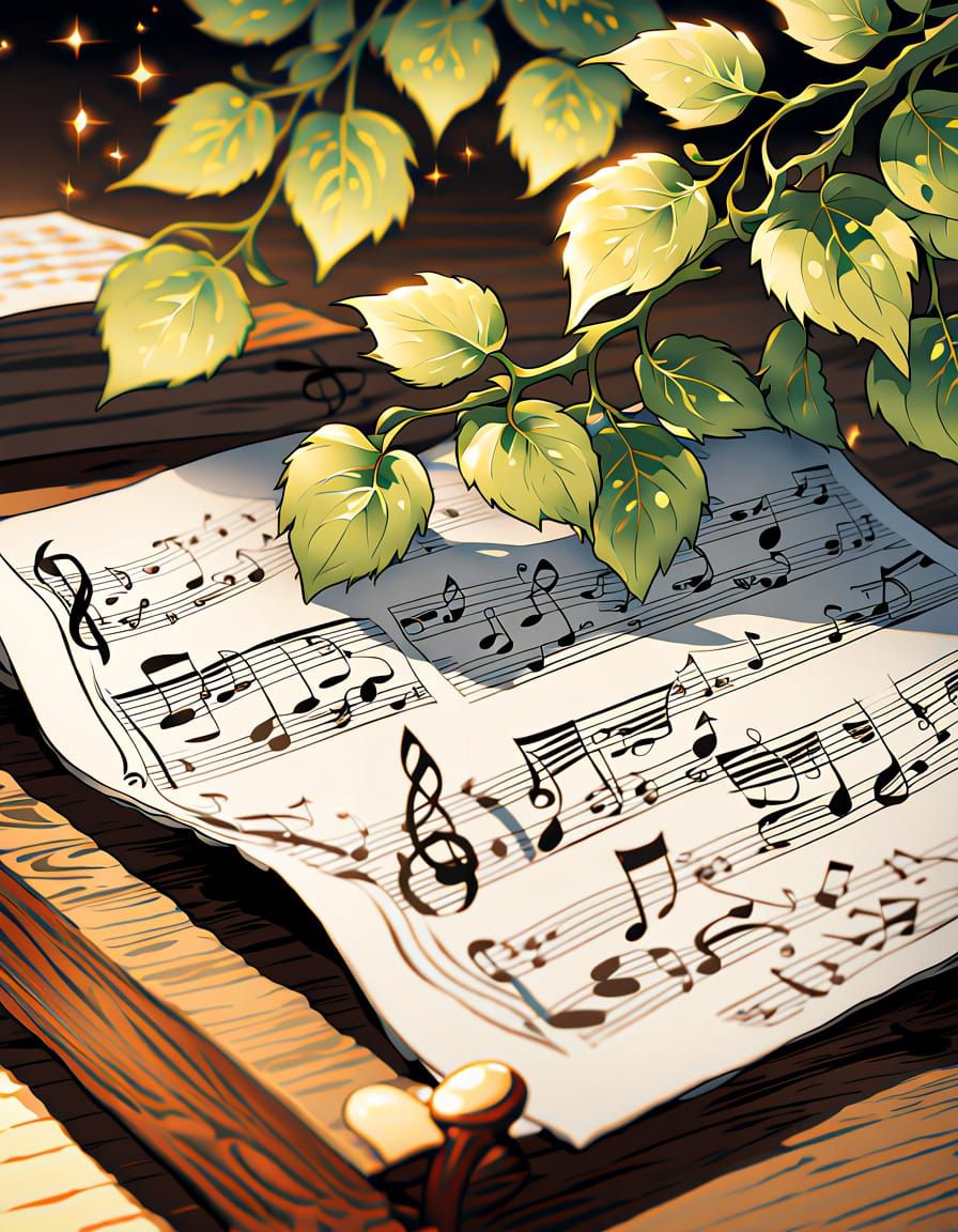 Anime Music Sheet with Vine Decals and Metallic Notes