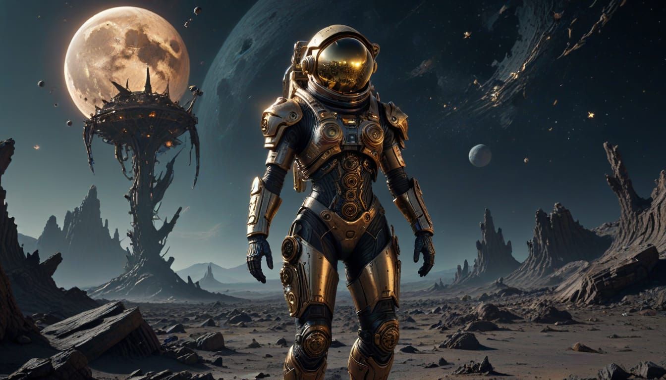 Astronaut in Clockwork Suit on Alien Planet with Shattered M...