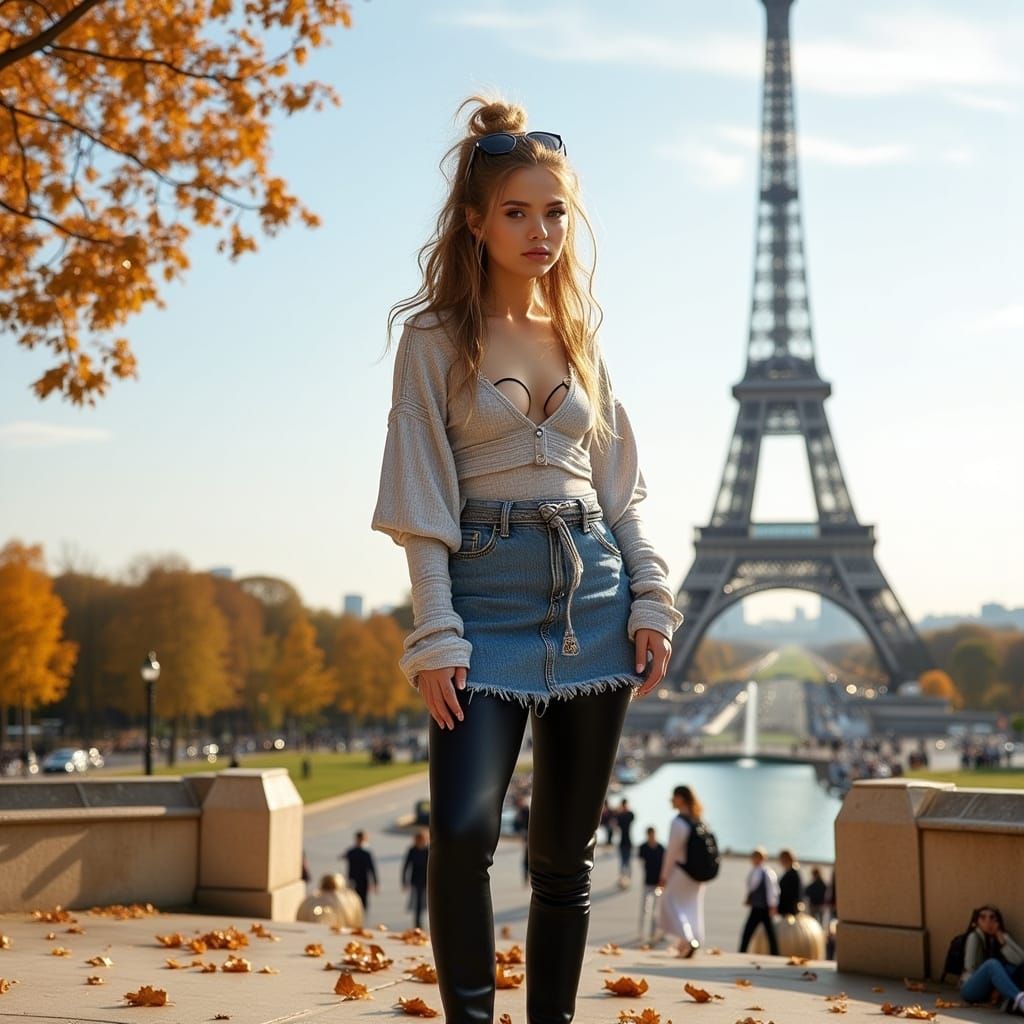 Woman Posing in Front of Eiffel Tower