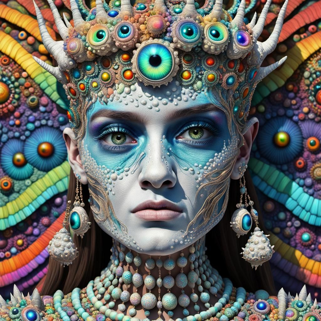 Hyperrealistic Psychedelic Diatom Queen with Rainbow Sheen