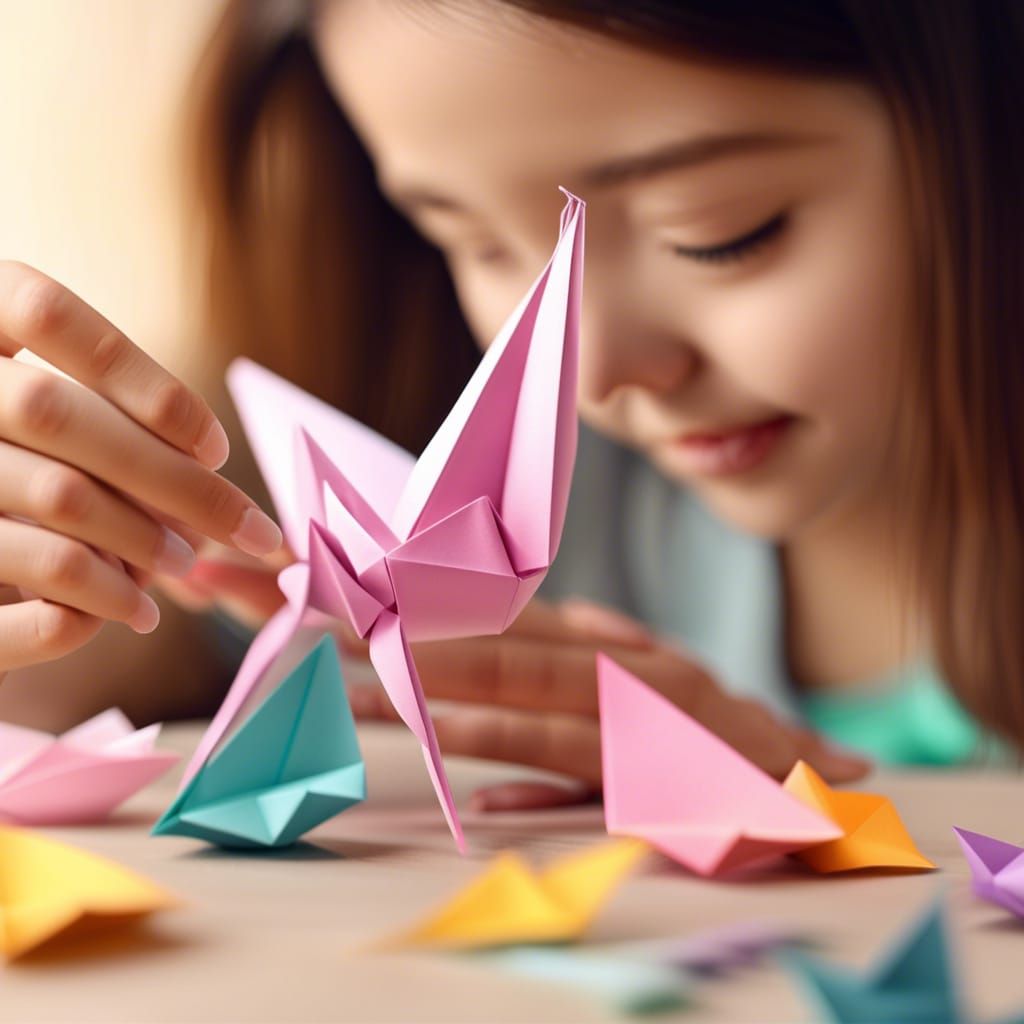 Girl Making Paper Crane Origami Papercraft