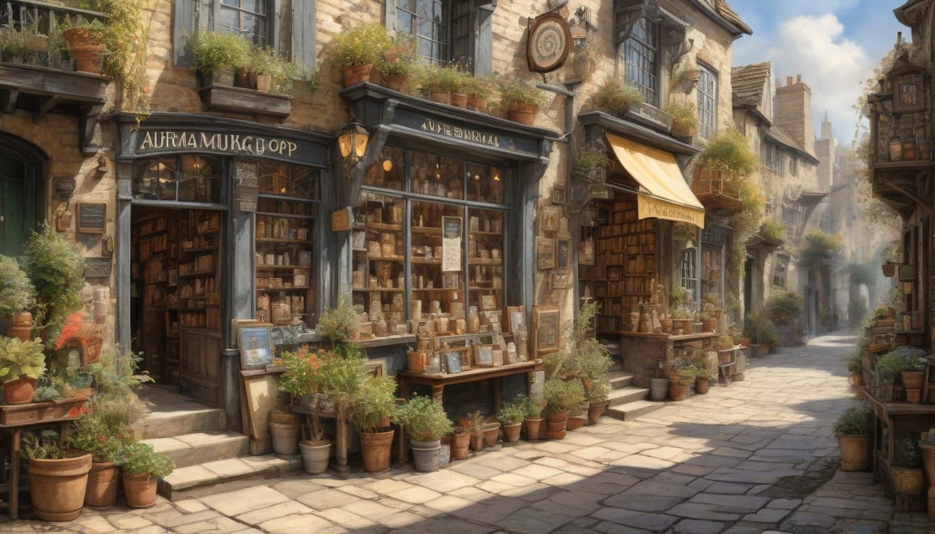 Magical Alleyway Watercolor Painting with Wand and Book Shop...