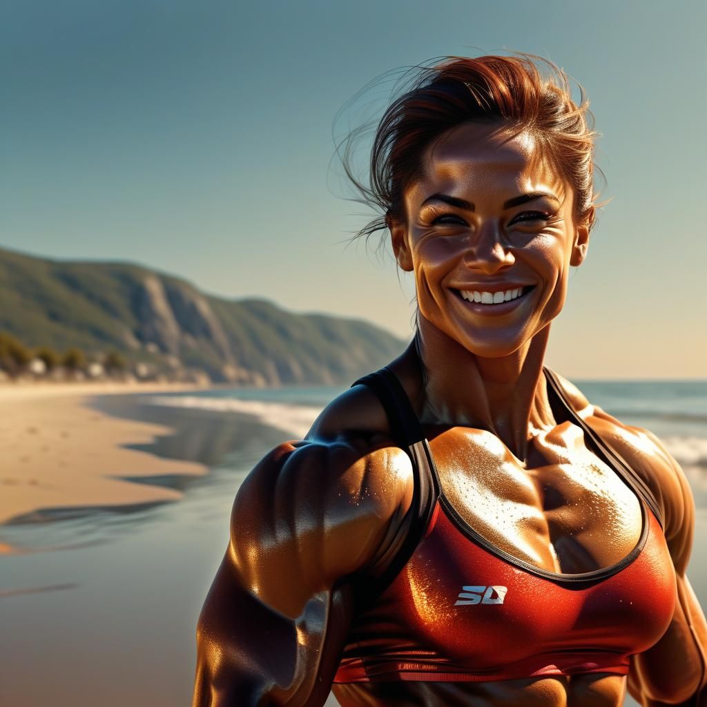 Tanned Bodybuilder Flexing on Beach: Physique Art