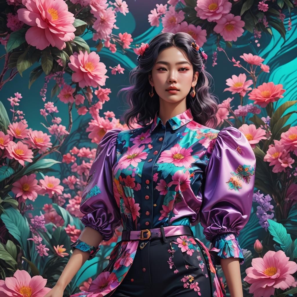 Vaporwave Floral Textile Blouse: Digital Art