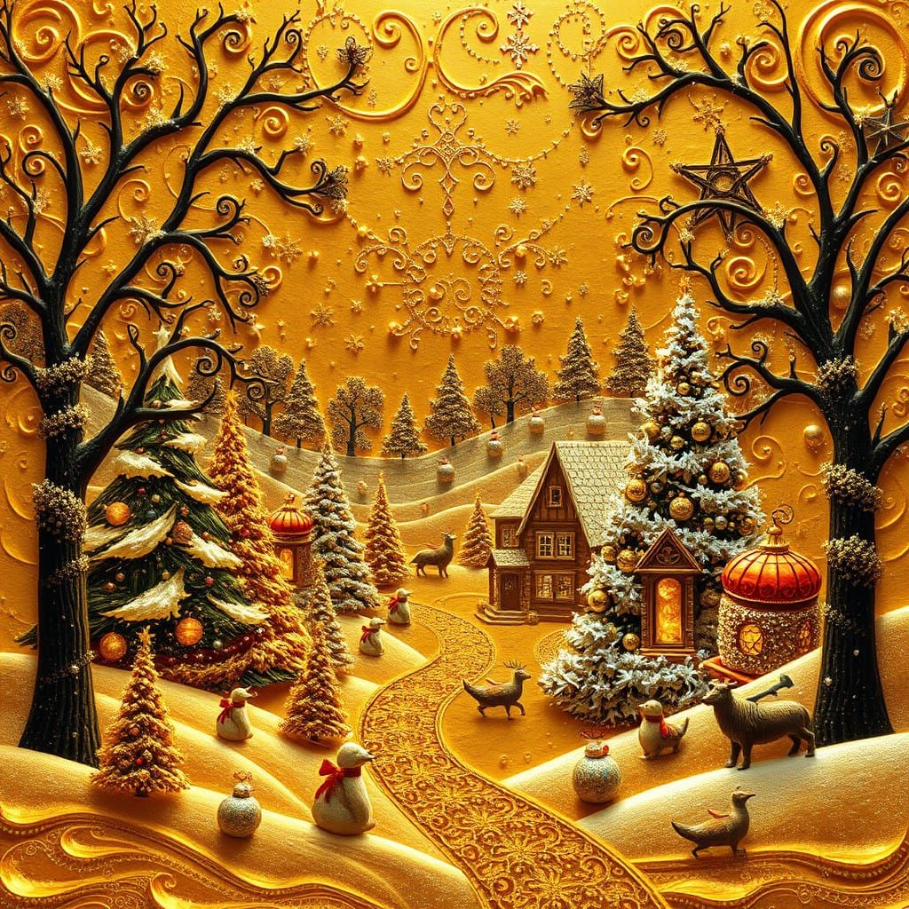 Christmas Landscape in Golden, Ornate Style