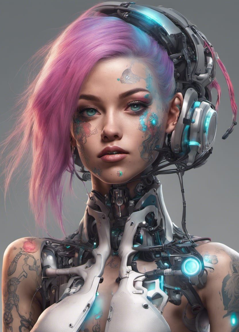 Colorful Cyborg Woman with Tattoos