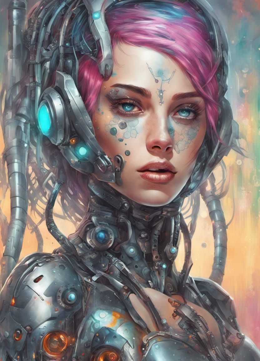 Cyborg Girl with Cybernetic Implants and Colorful Hair