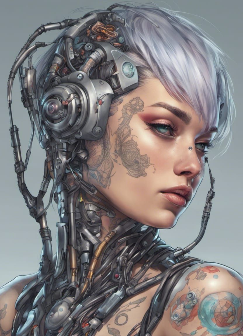 Tattooed Cyberpunk Girl with Silver Hair