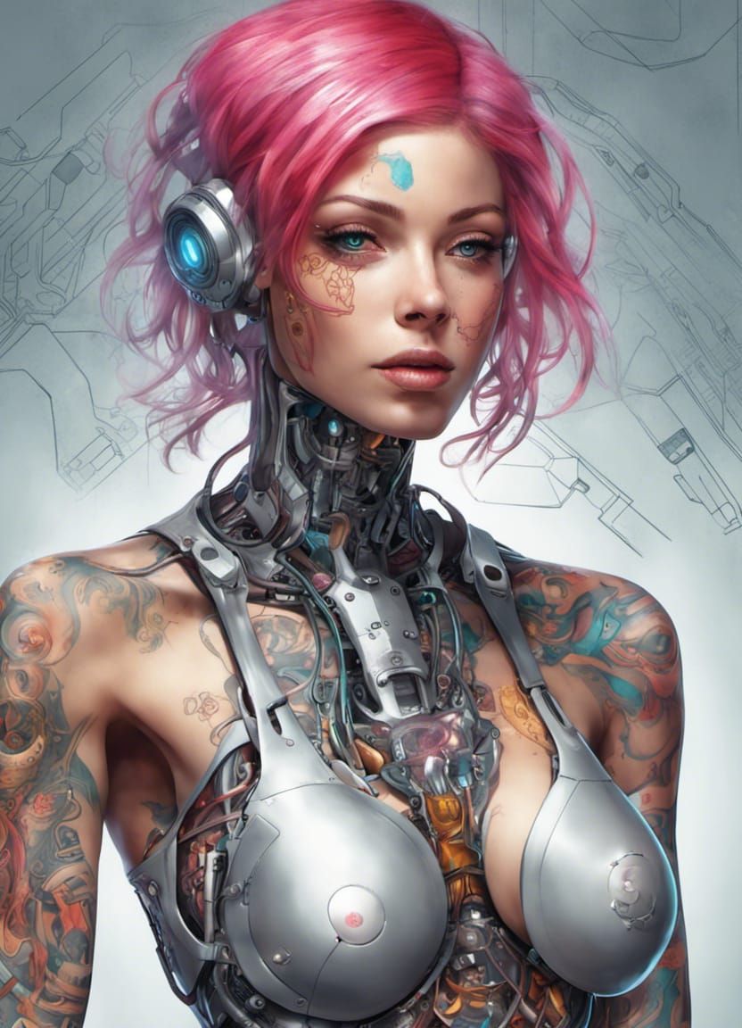 Tattooed Cyborg Girl with Cybernetic Implants