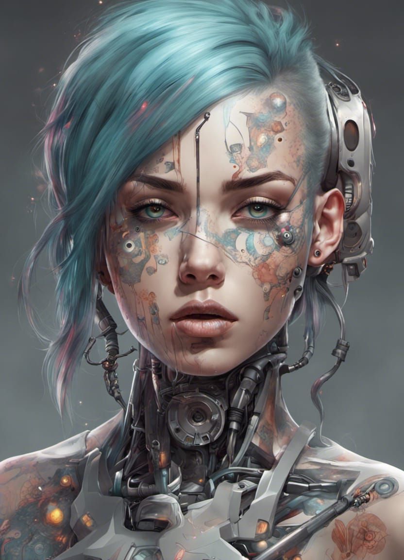 Tattooed Cybernetic Girl with Colored Hair