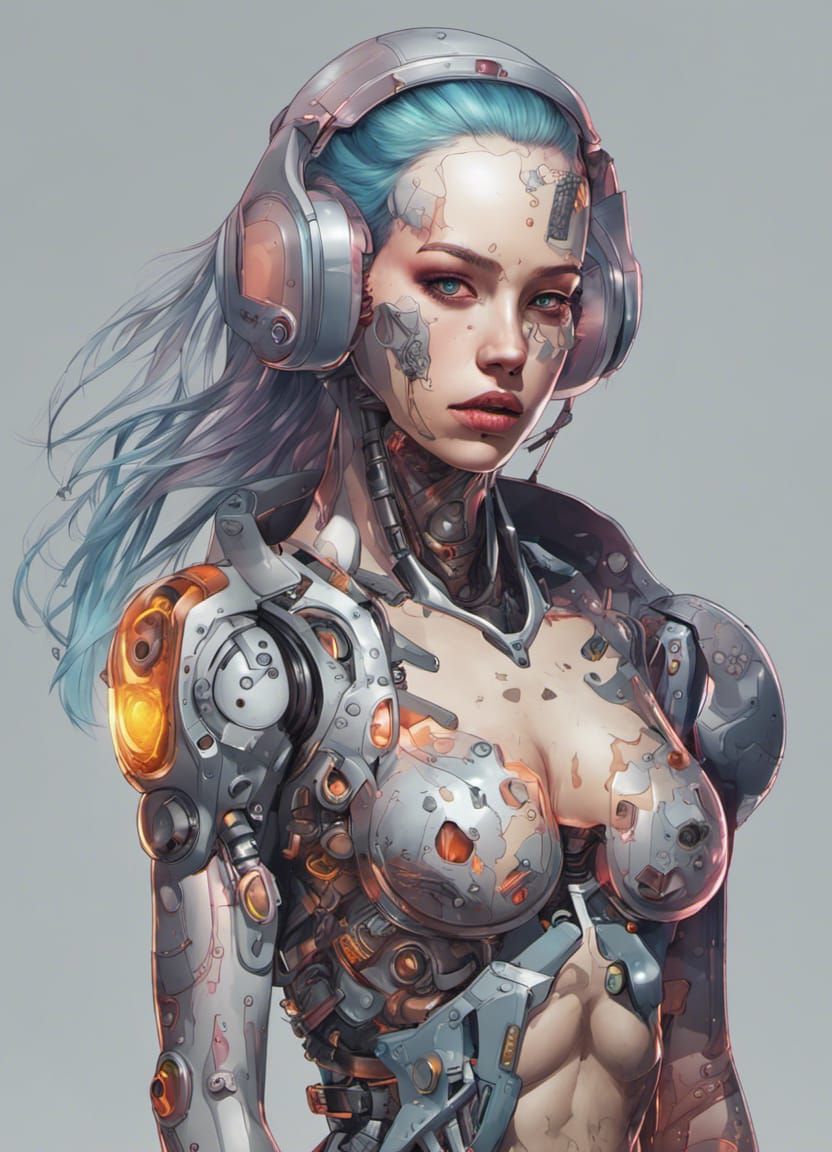 Blue-Haired Cyborg Girl with Cybernetic Implants