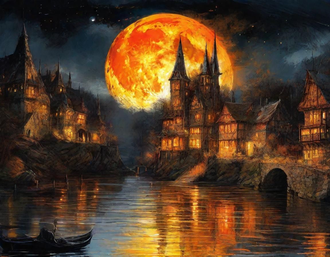 Moonlit Medieval Village in Vibrant Digital Art
