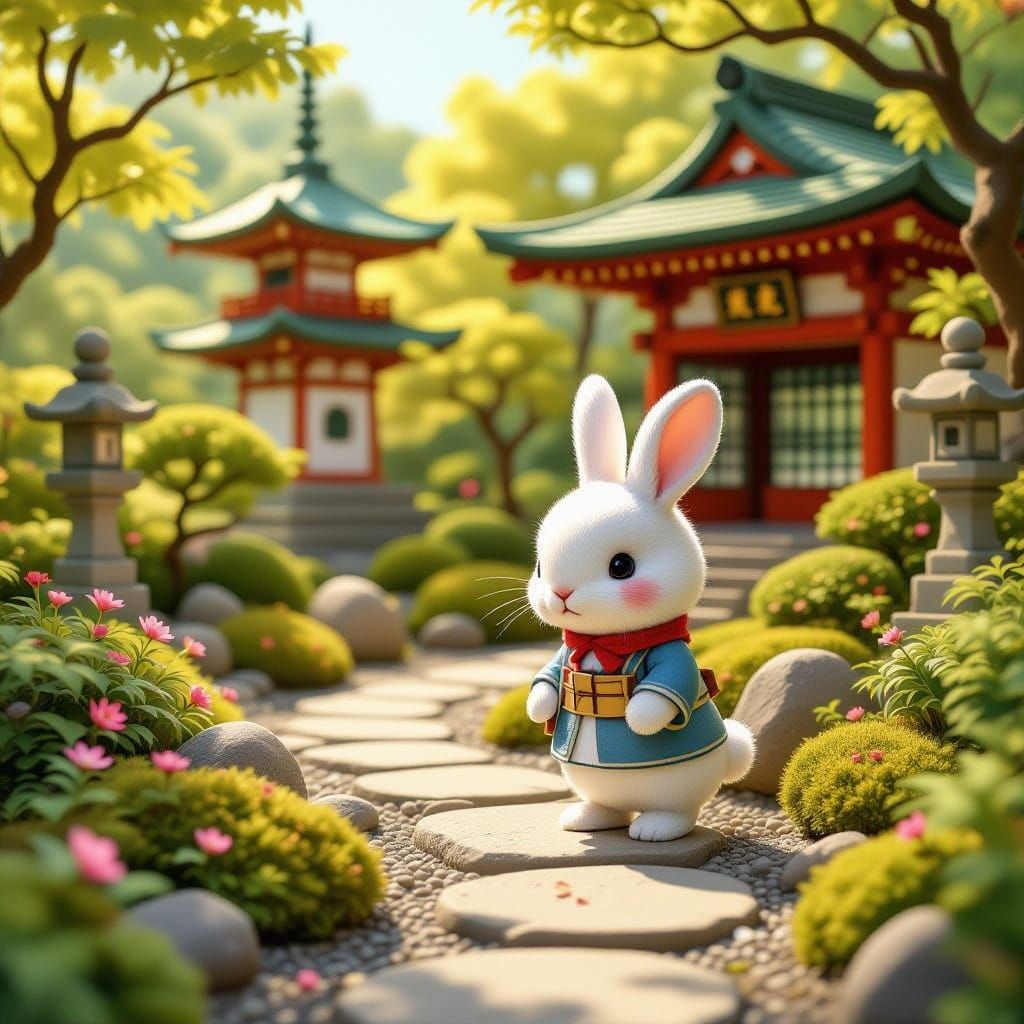 Miffy the Rabbit in a Japanese Garden, Painterly Style