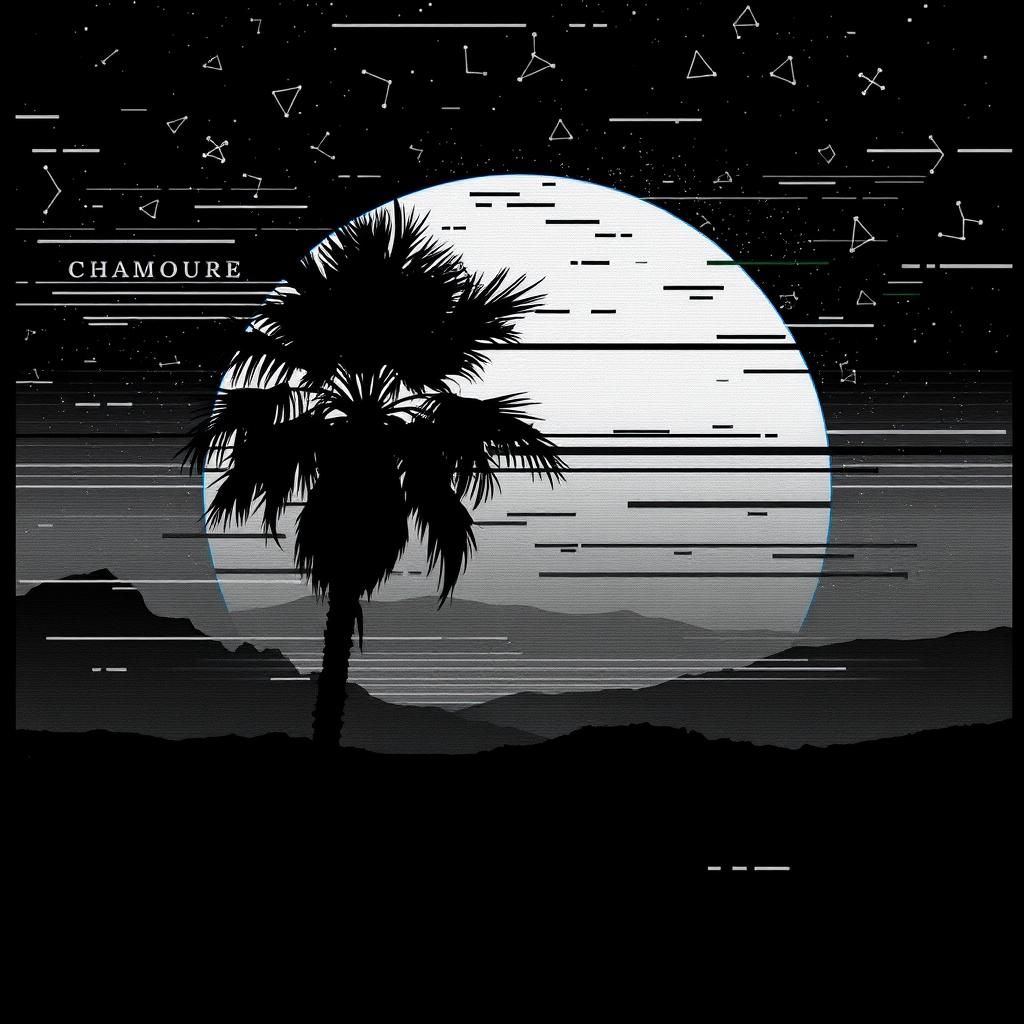Maximalist Glitch Constellation with Palm Tree Sunset