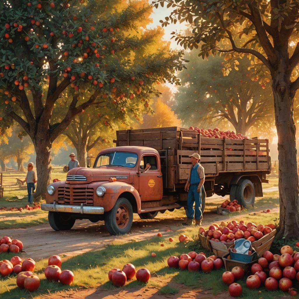 Vintage Truck at Apple Orchard in Golden Light