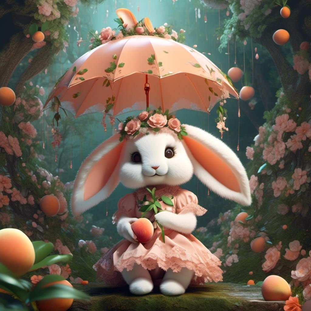 Peach Bunnies Under Umbrella, Detailed Matte Painting