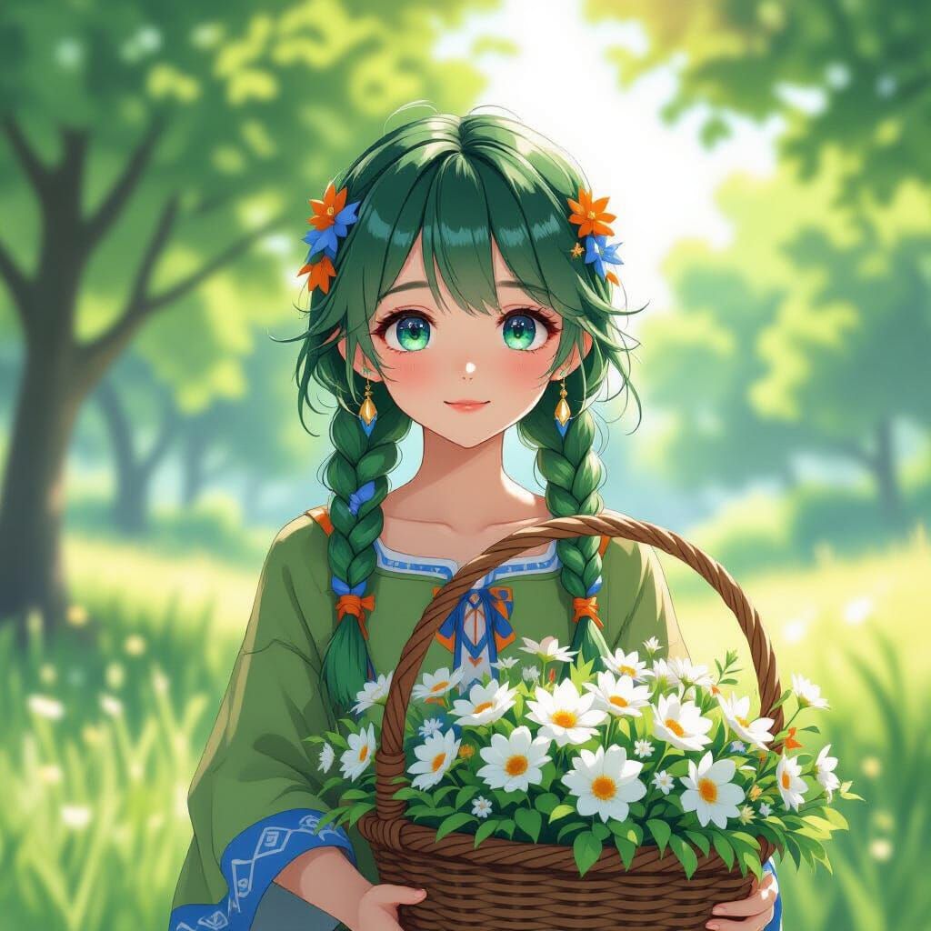 Anime Girl with Flowers in Ethereal Sunlight