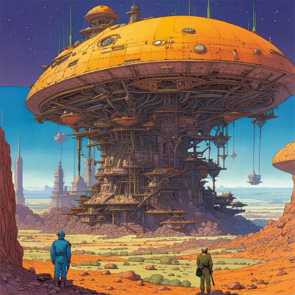 Starship City in Wasteland: Moebius-Inspired Art