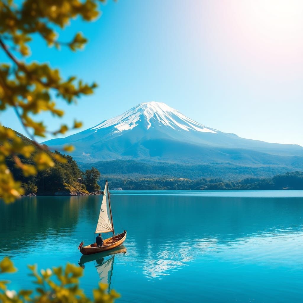 Mount Fuji Over Lake with Sailor in Golden Light