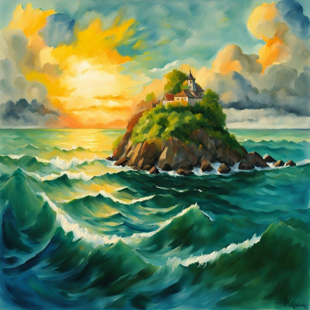 Floating Island in Gouache and Watercolor Style