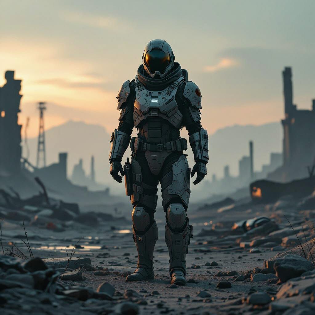 Futuristic Soldier in Irradiated Wasteland, Cinematic Style