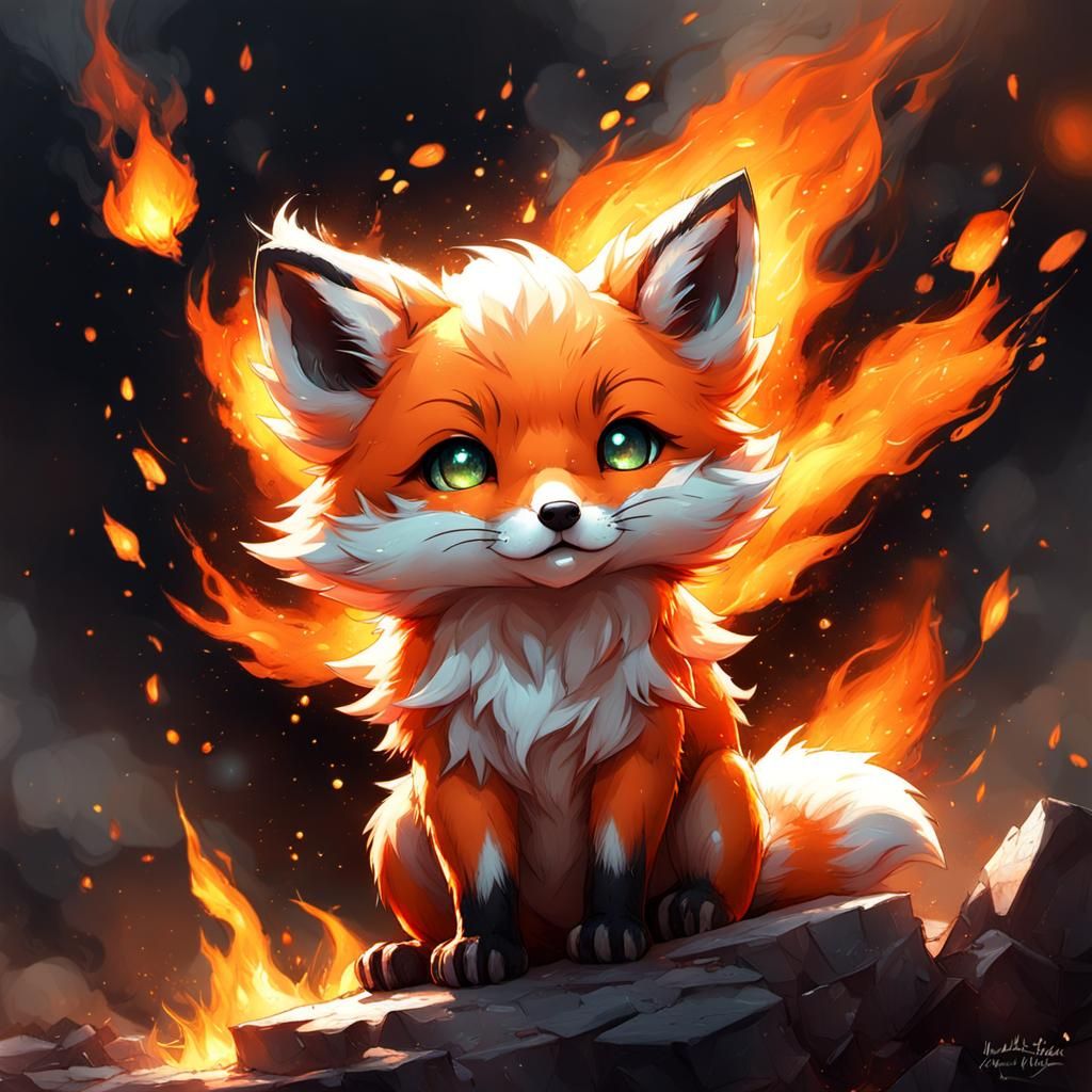Fiery Chibi Fox Cub Digital Art