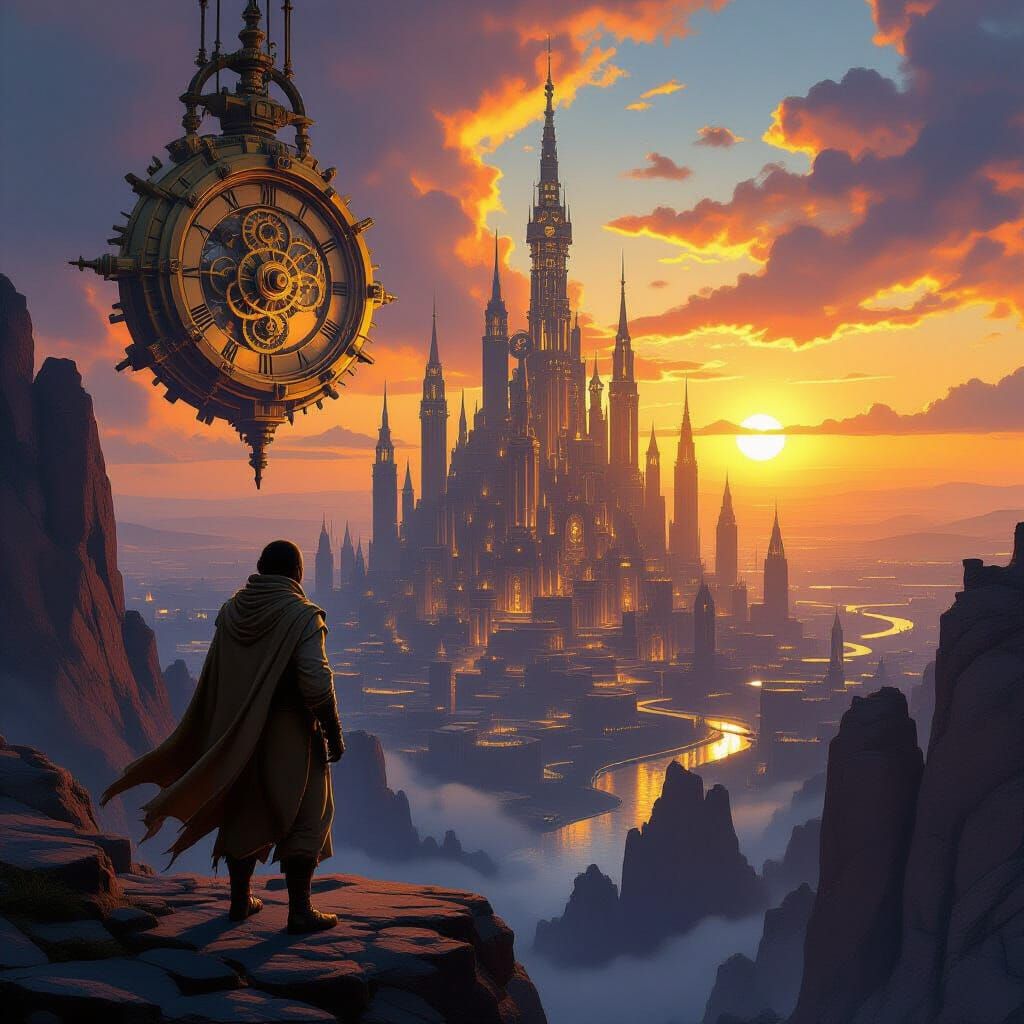 African Explorer Views Colossal Clockwork City at Sunset