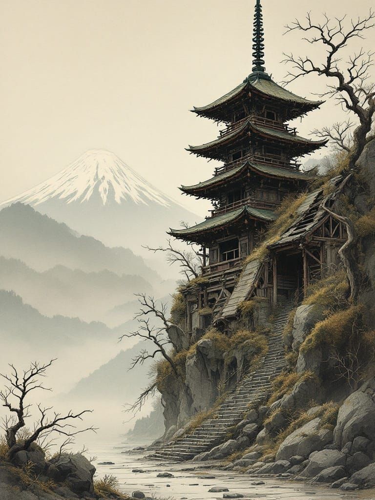 Weathered Pagoda Amidst Fading Splendor