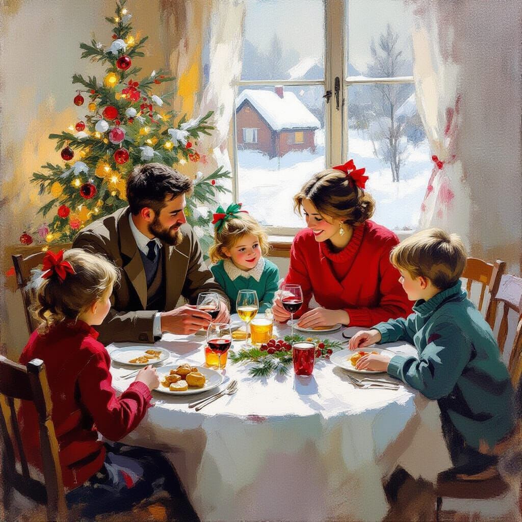 Festive Rural Christmas Dinner: An Impressionist Oil Paintin...