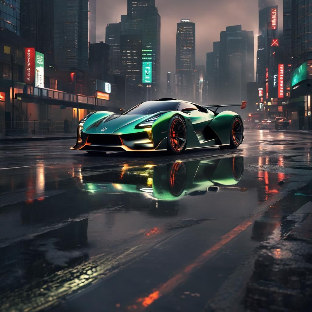 Jade Ceramic Nissan Supercar in Dystopian Cityscape