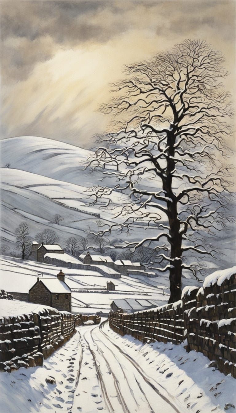 Snowy Yorkshire Dales Landscape in Watercolor Style