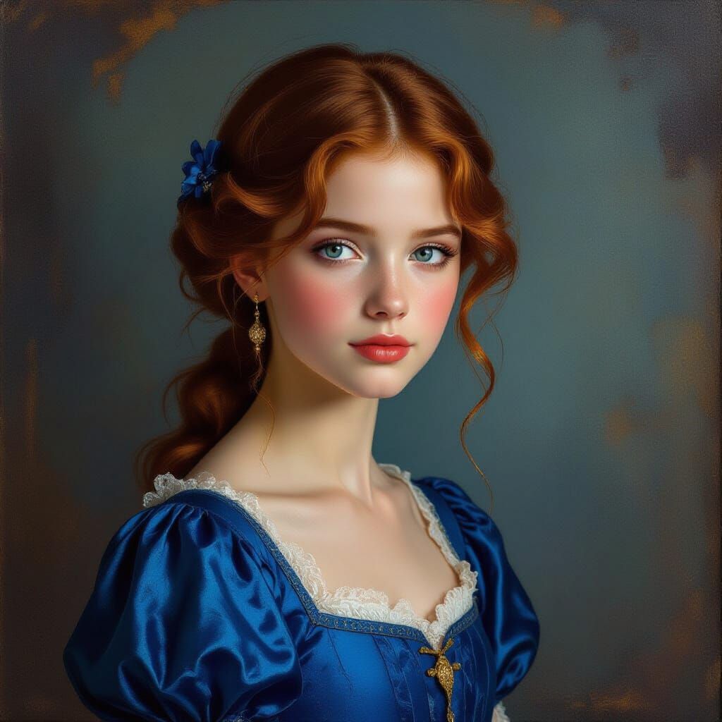 Girl in Sapphire Dress, Baroque Impressionist Portrait