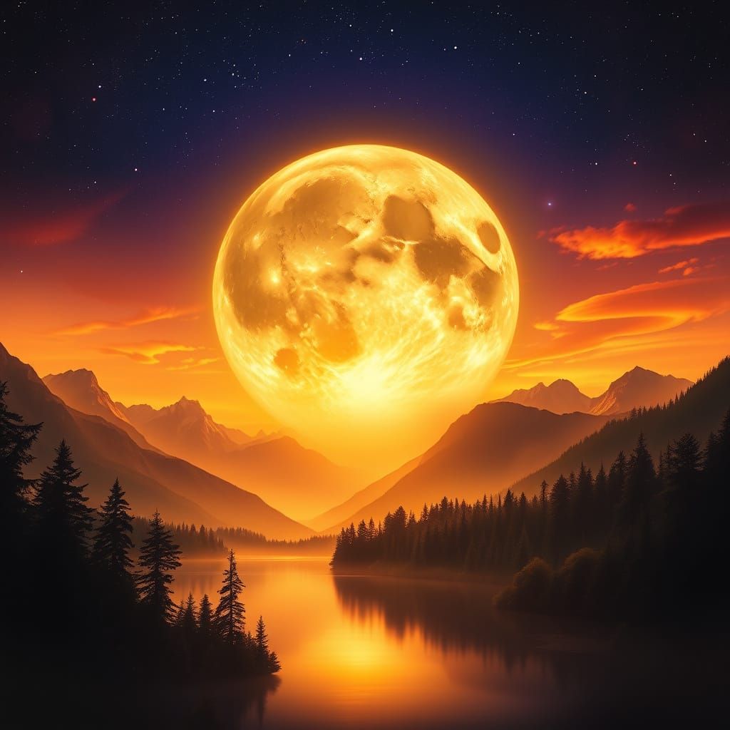 Golden Moon Over Reflecting Lake in Baroque Airbrush Style