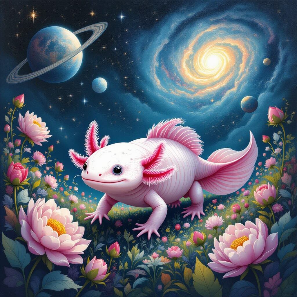 Ethereal Axolotl in Cosmic Garden
