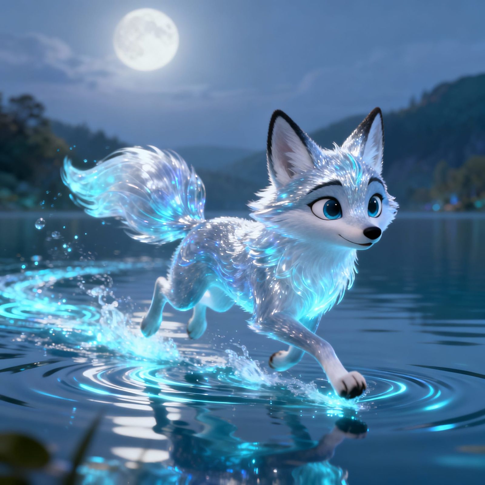 Disney Style Water Fox Spirit Runs Across Lake