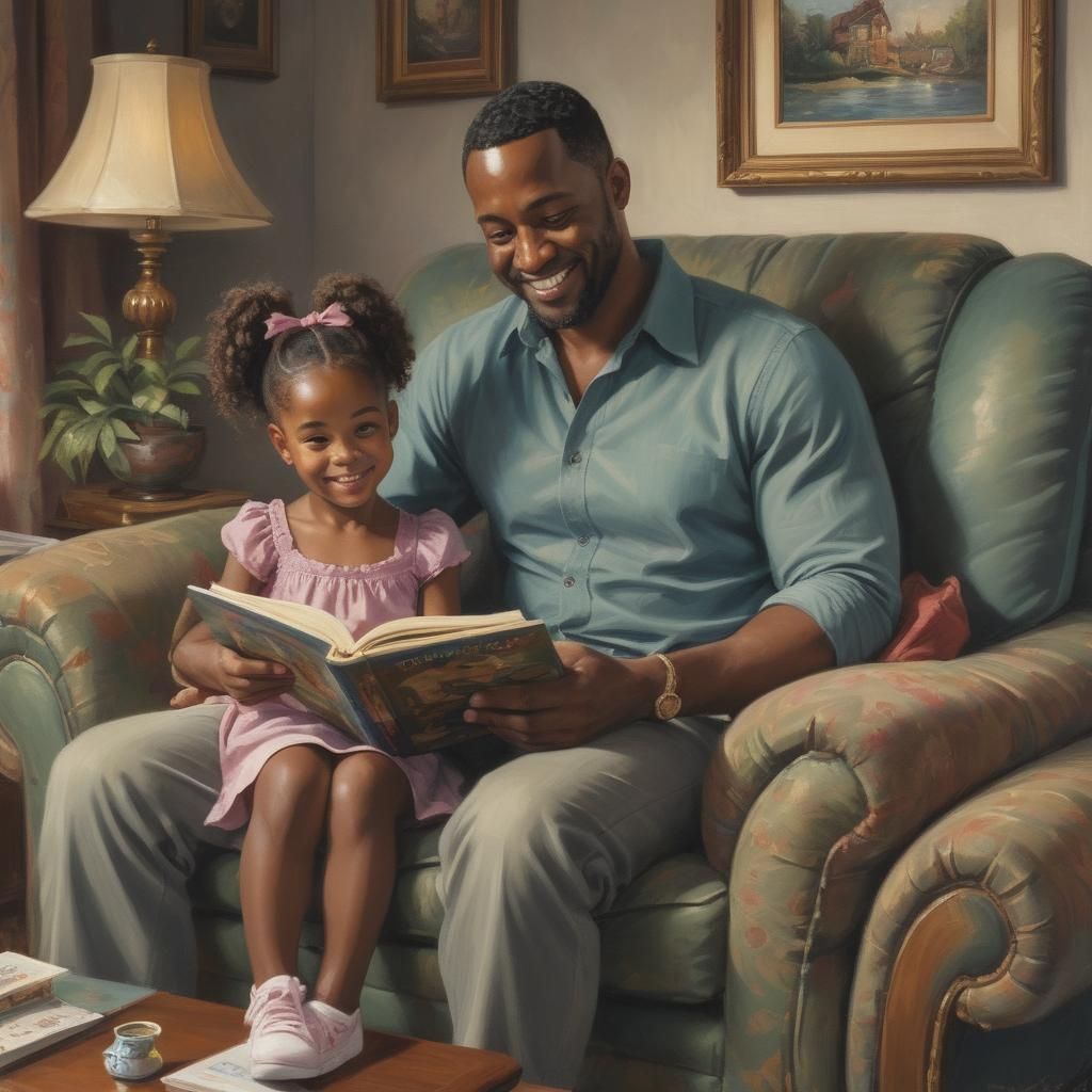 Father Reading to Daughter, Oil Painting