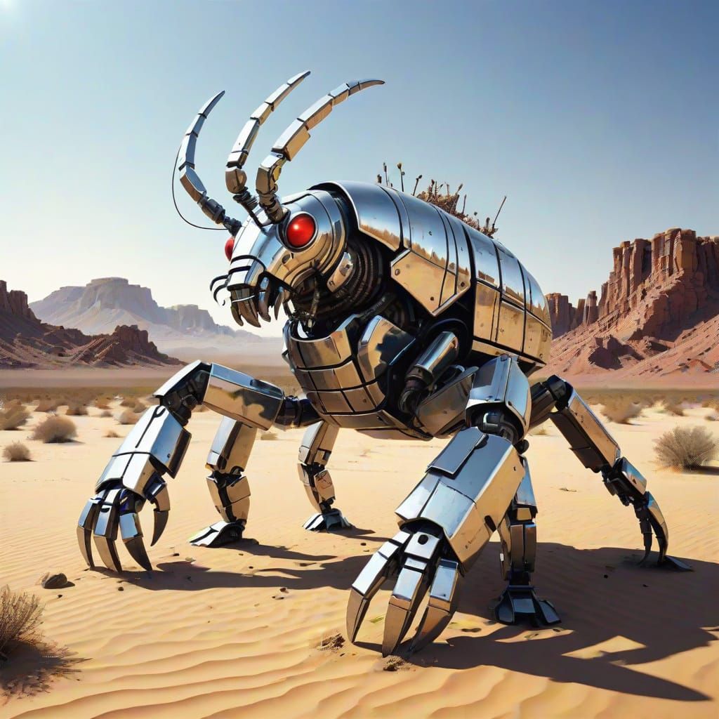 Chrome Lobster Robot Roams Desert Ruins in Banksy Style