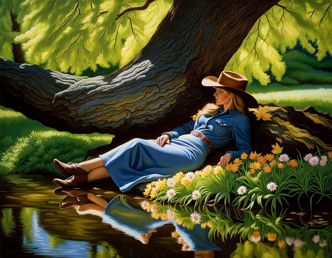 Cowgirl Sleeping Peacefully in Glade, Hyperrealistic Photo