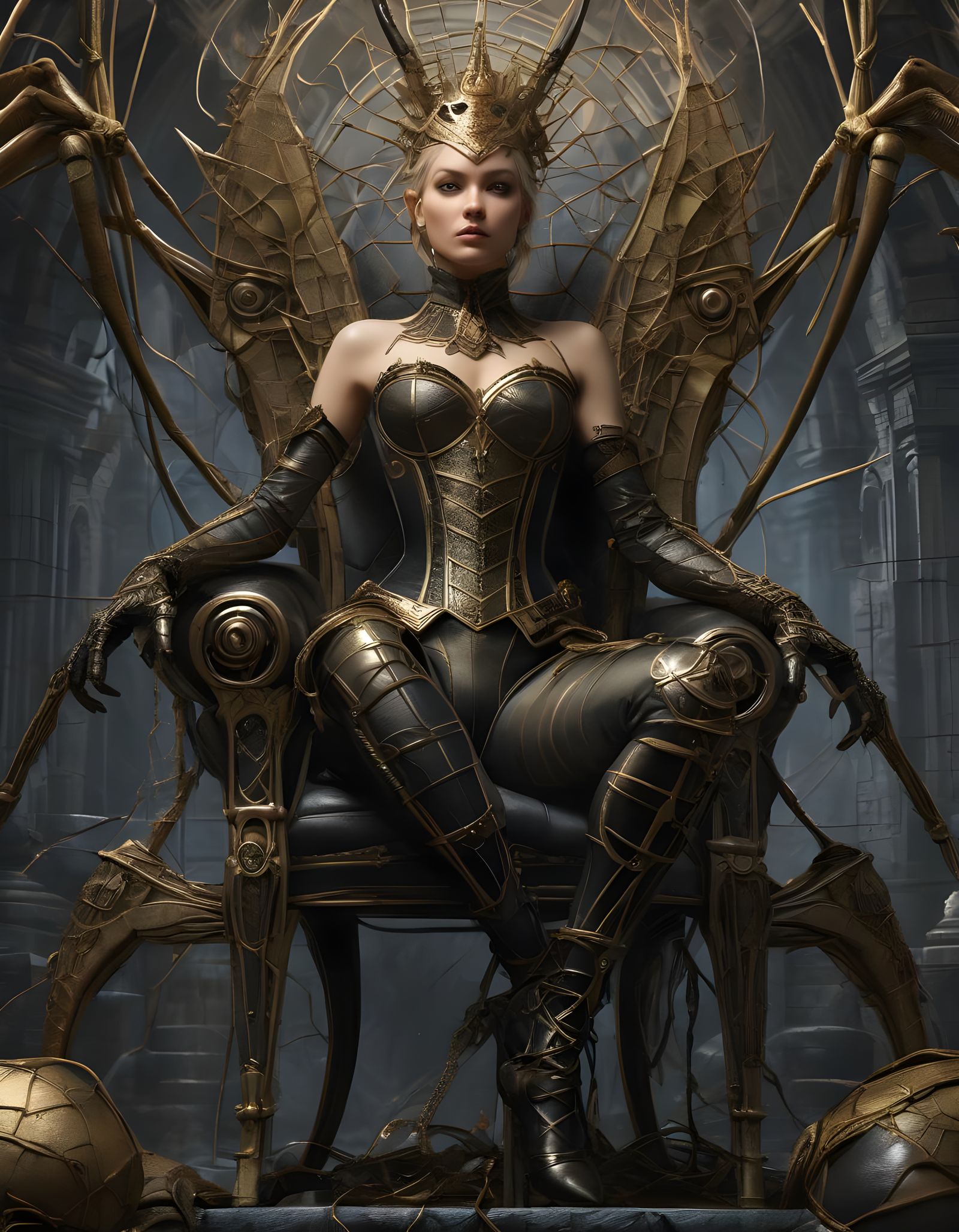 Spider Princess in Web Castle: Dark Fantasy Art