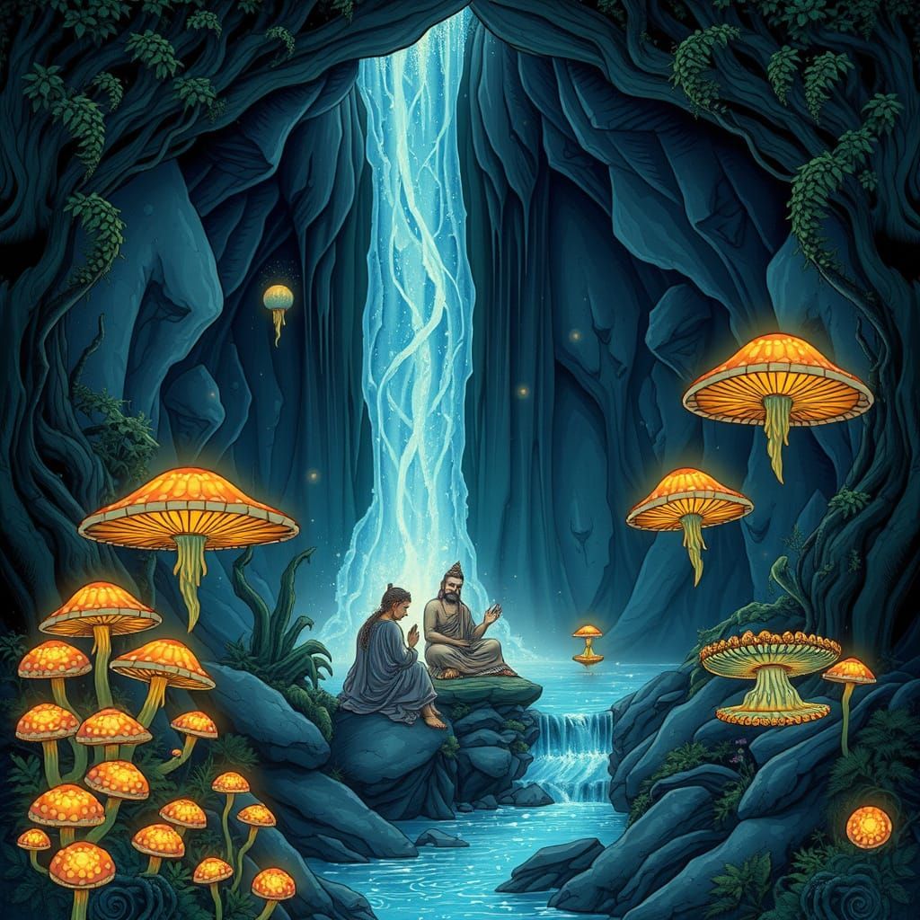 Mystical Sanctuary With Ascending Waterfall and Luminous Flo...